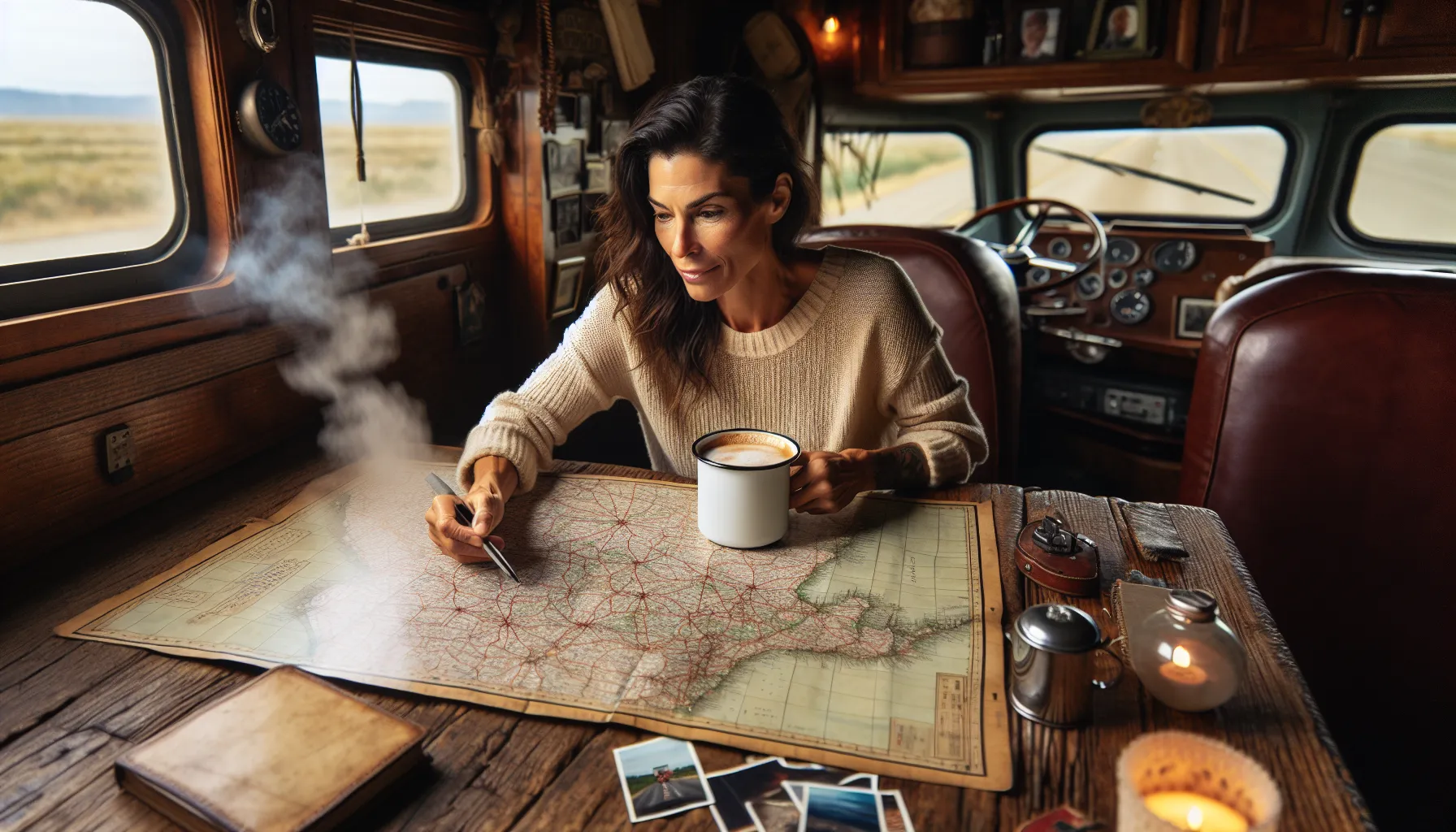 A truck driver planning a route on a map to ensure safe driving.