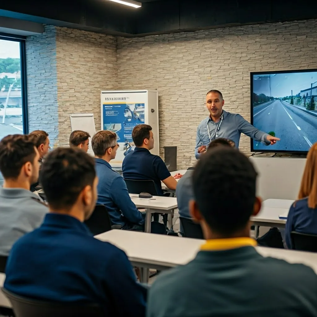 A classroom setting for entry-level driver training with students and an instructor.