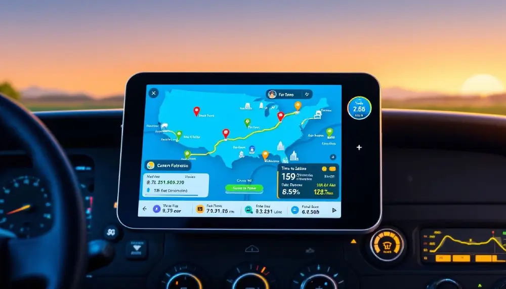 A GPS device displaying route planning for a truck driver.