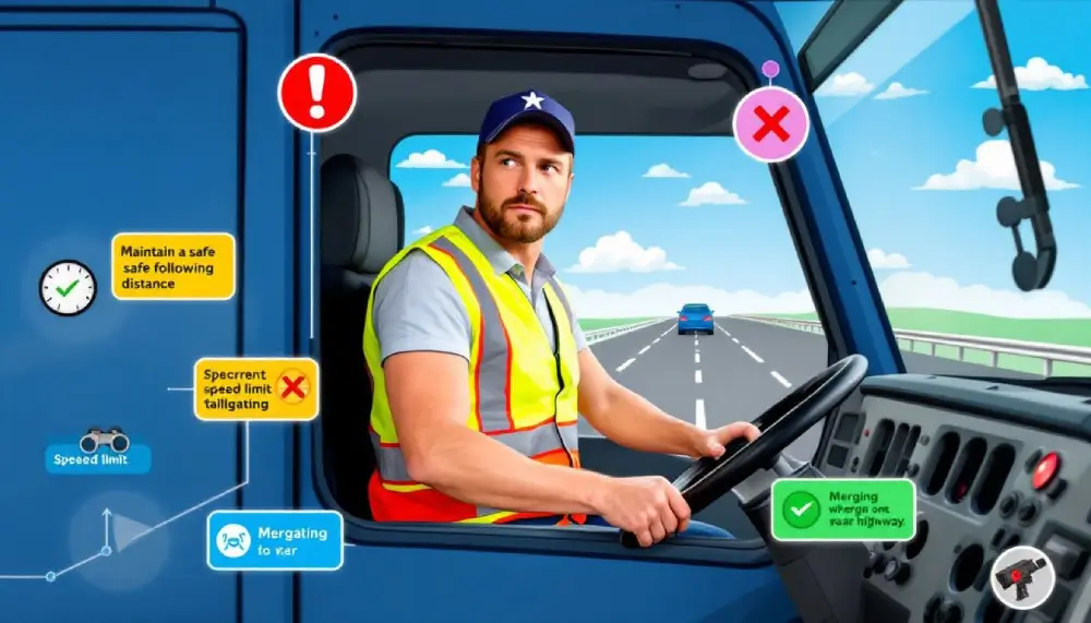 A truck driver practicing defensive driving strategies on a highway.